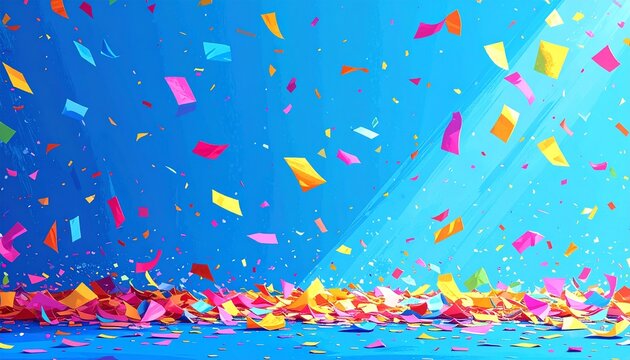 Festive Burst A Colorful Shower of Confetti Against a Vibrant Blue Backdrop