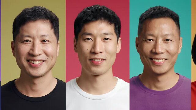 Multiple Asian Men Portraits in Colorful Panels with Varying Expressions and T-shirts Style in Vibrant Backgrounds