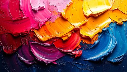 A detailed close-up of a vibrant abstract painting with thick, textured impasto brushstrokes blending in a rich palette