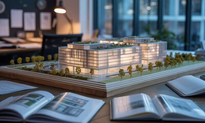 Modern architectural model on a wooden table, in an office