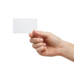 Obraz premium Human hand holding a blank white business card with fingers gently pinching the edge isolated on transparent background