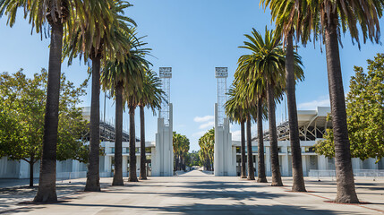 Wide pathway lined with palm trees leading to a modern stadium under a clear blue sky