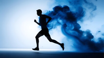 Naklejka premium Silhouette of a Runner in Motion Against a Blue Smoky Background