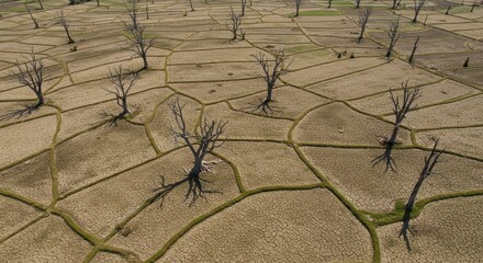 Arid Landscape - Cracked Earth and Leafless Trees in a Drought-Stricken Field.