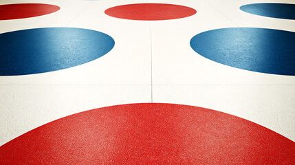 Abstract pattern of red and blue circular shapes on a white surface