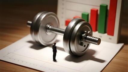Miniature figure standing beside a large dumbbell on a financial chart background
