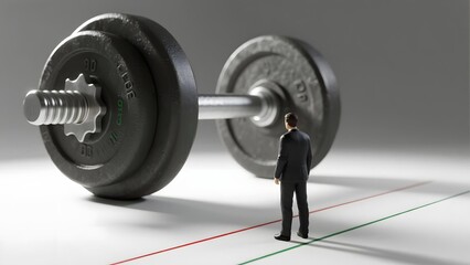 A businessman stands before an oversized dumbbell, symbolizing heavy challenges or burdens in a professional context.