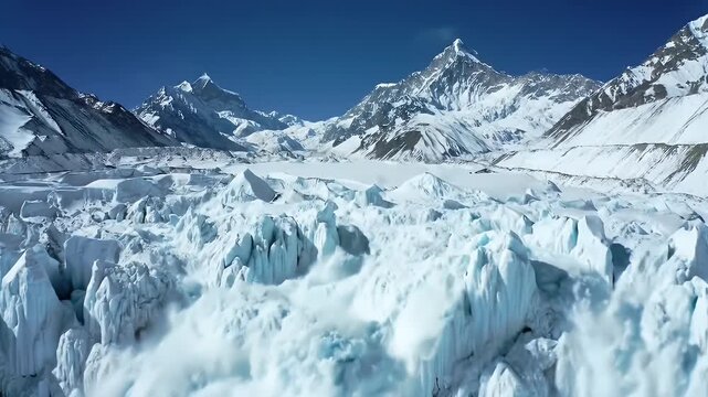 Aerial View of a Spectacular Icefall on a Snowy Mountain Under Clear Blue Sky