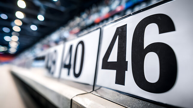 Close-up of numbered signs in a row, likely at a sports venue or event seating area
