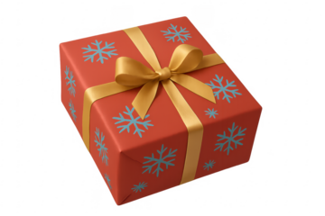 Red christmas gift box wrapped with golden ribbon and snowflakes on transparent background