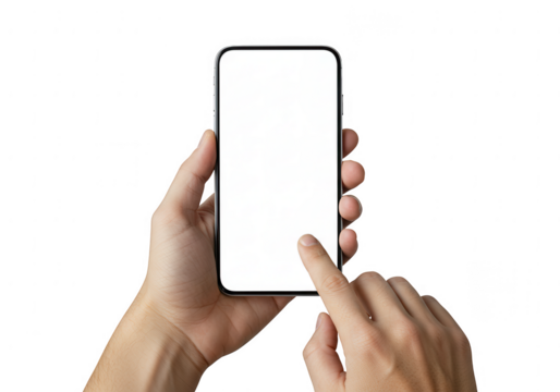 Close up of a person s hands holding a modern smartphone with a blank screen isolated on transparent background
