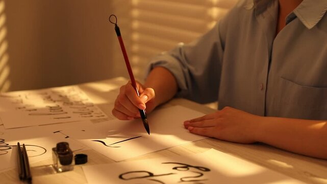 Calligraphy. Woman with brush writing phrase I Love You on sheet of paper at light wooden table indoors, closeup