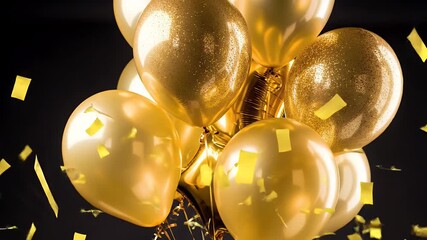 Golden Balloons and Confetti on Black Background Festive Celebration