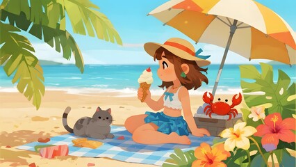 A woman enjoys a beach picnic with a cat, eating ice cream under an umbrella near the ocean.