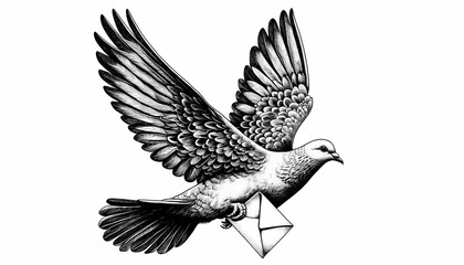 Fototapeta premium Elegant flying dove carrying a letter in its talons on a clean white background illustration