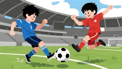 Fototapeta premium Two young boys playing soccer in a stadium, one kicking the ball while the other celebrates