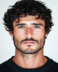 Obraz premium Close up portrait of a rugged man with dark wavy hair, stubble, and intense gaze, captured in soft light that highlights textures and character.