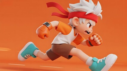 Animated character running with boxing gloves and a headband against an orange background