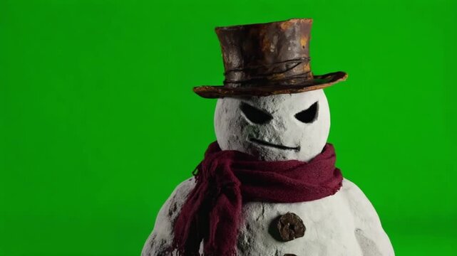 Close up of an evil snowman with a hat and scarf against a green screen background image capture snowman christmas green screen video
