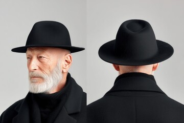 A stylish elderly man wearing a black felt hat mockup and a black coat, showcasing both profile and back views, with a white beard and a serious expression