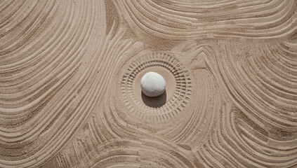 White Pebble with Concentric Dotted Rings in Raked Kinetic Sand