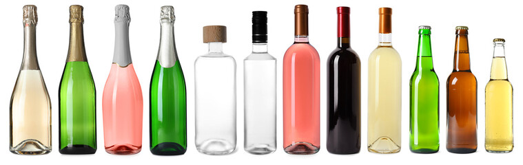 Bottles with different alcoholic drinks isolated on white, set