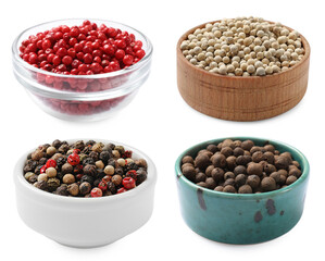 Various types of peppers in bowls isolated on white, set