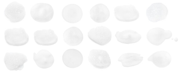 Samples of cleansing foam isolated on white, set. Washing cosmetic