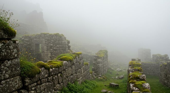Enigmatic Machu Picchu Ruins Shrouded in Misty Dawn.