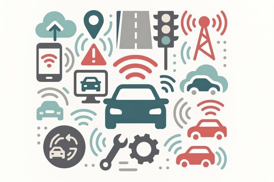 Innovative digital automotive ecosystem illustrating automotive industry connectivity featuring smart technology traffic signals mobile devices wireless communication and intelligent