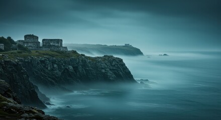 Obraz premium Moody Coastal Ruins - Dramatic Cliffs, Turquoise Sea, and Overcast Sky in Cornwall.