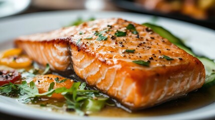 Roasted salmon fillet with a side of vegetables.