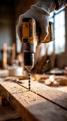 Close Up Driller On Wood Plank In Workshop
