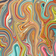 Colorful liquid swirl abstract art with vibrant reds, blues, yellows, and oranges, creating an energetic, flowing, and modern psychedelic design.