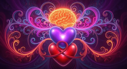 Vibrant psychedelic art depicting the interconnectedness of the brain and heart