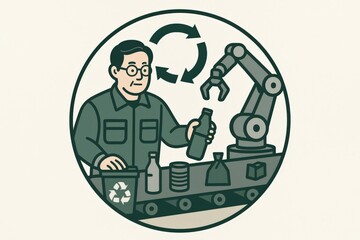 Worker engaging in sustainable recycling practices with robotic assistance illustrating innovation in waste management showcasing the synergy between human labor and automation