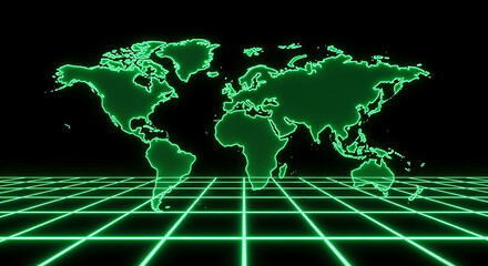 Glowing green world map over grid on black background