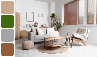 Interior of modern living room with sofa, armchair and coffee table. Different color patterns