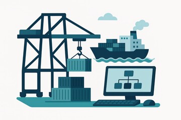 Obraz premium Innovative shipping infrastructure with crane unloading containers from freight vessel to computer screen displaying logistics workflow illustrating efficiency in global trade