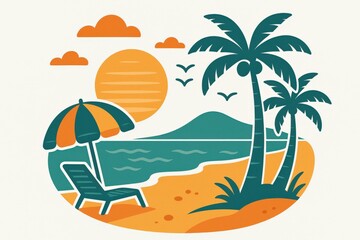 Fototapeta premium Serene coastal getaway featuring a deck chair and colorful sun umbrella alongside tranquil waves palm trees and a setting sun evoking feelings of relaxation and escapism