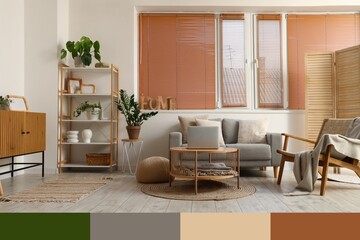 Interior of modern living room with sofa, armchair, shelving unit and coffee table. Different color patterns