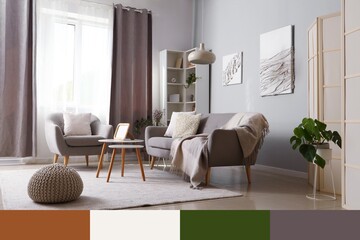 Interior of modern living room with sofa, armchair, pouf and coffee table. Different color patterns