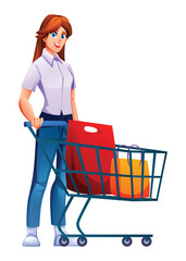 Young woman standing and pushing a shopping cart full of shopping bags after a trip to the store. Vector cartoon illustration