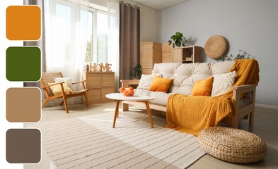 Interior of modern living room with sofa, coffee table and armchair. Different color patterns