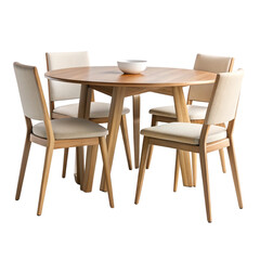 Warm wooden dining table with comfortable cream colored chairs presented indoors