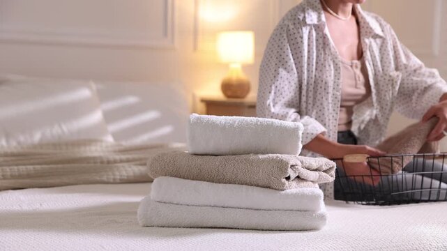 Woman stacking clean towels from basket on bed at home, closeup. Camera moving right
