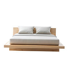 Minimalist platform bed with white linens against a dark background