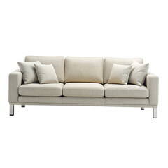Fototapeta premium A comfortable neutral toned sofa with several plush pillows on display