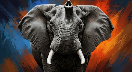 Majestic elephant with trunk raised against a vibrant abstract background