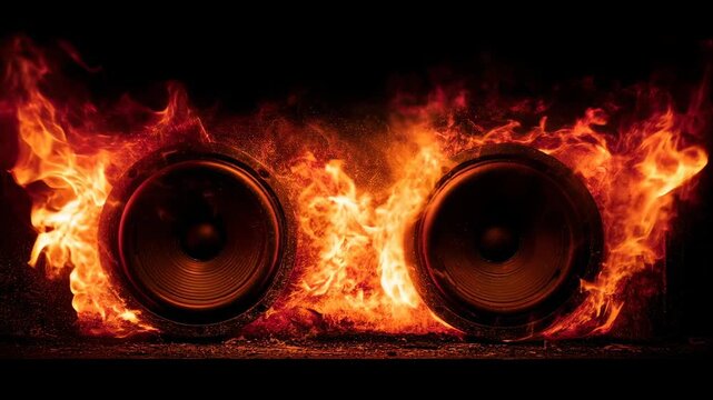 Speakers surrounded by fire burning speaker with glowing flames and explosive sound power concept.